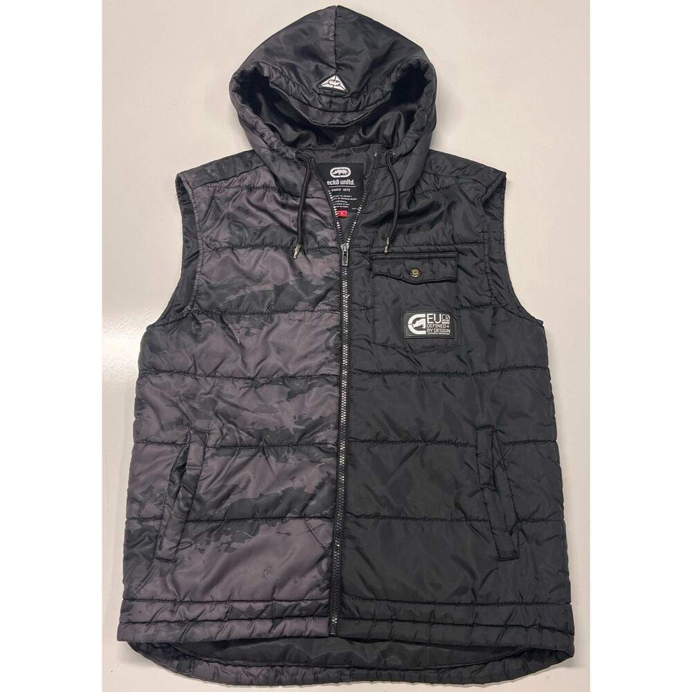 Ecko Unltd Hooded Puffer Vest Mens Small Black Camo Full Zip Streetwear